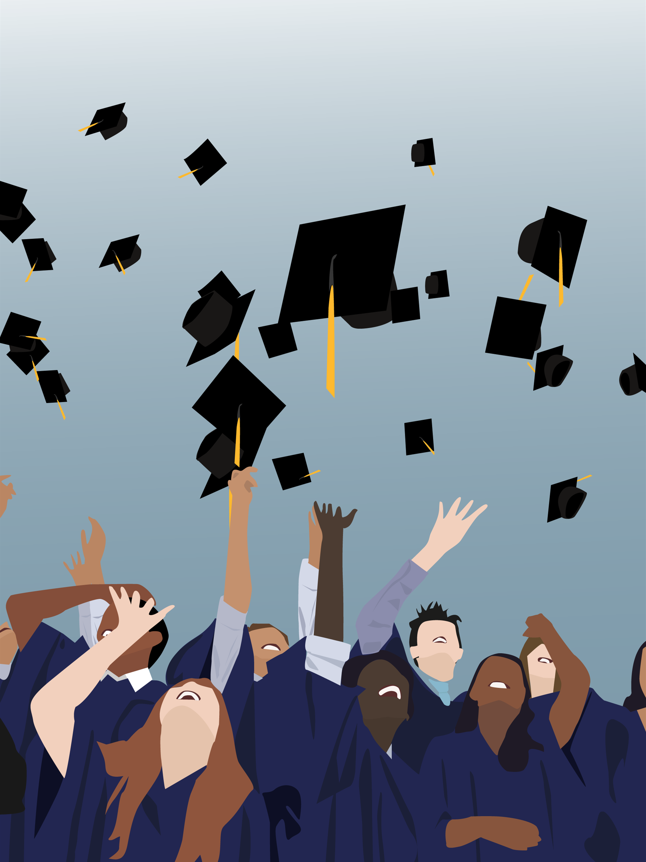 Illustration of a group of graduating students throwing their caps in the air